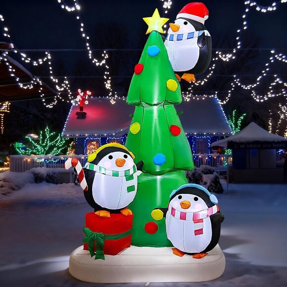 🆕8FT Christmas Inflatables Tree with Penguins Placing Star Outdoor Decorations - Picture 2 of 9